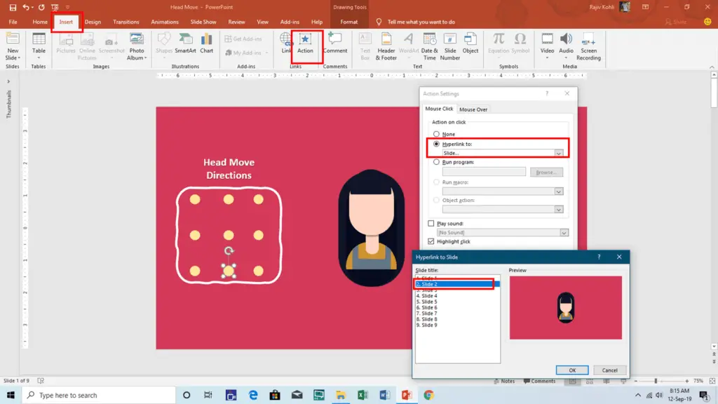 Action Settings Hyperlink To in PowerPoint
