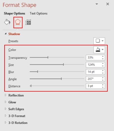 Format Shape - Shadow options in PowerPoint