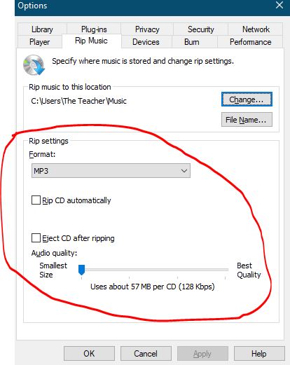 Windows Media Player Rip Audio CD Settings