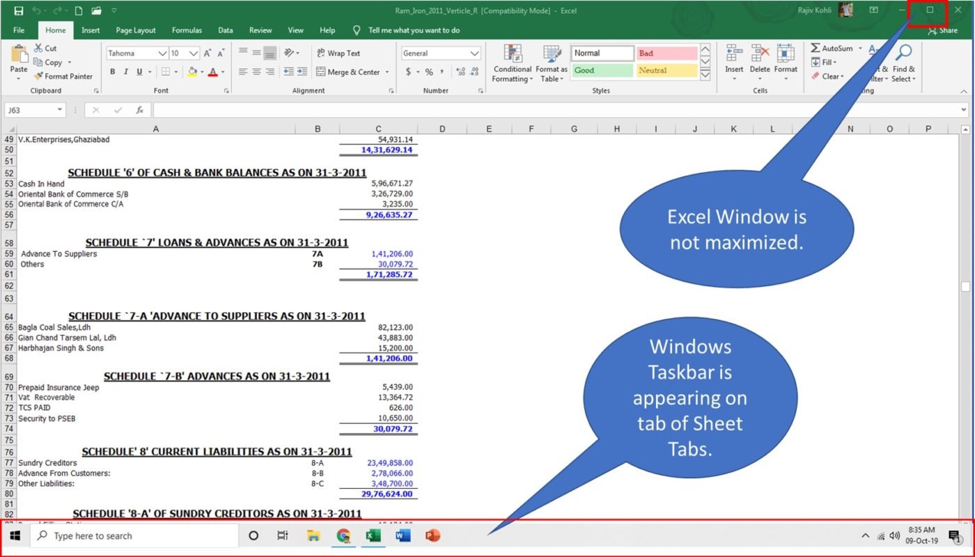 Missing Sheet Tabs in Microsoft Excel 2016 / 2019