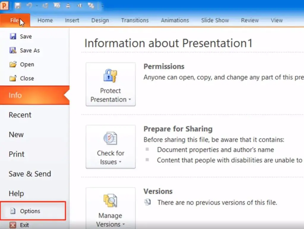 File - Options in PowerPoint 2010