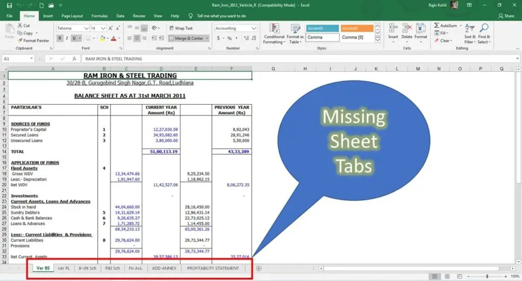 Missing Sheet Tabs in Excel 2016 / 2019