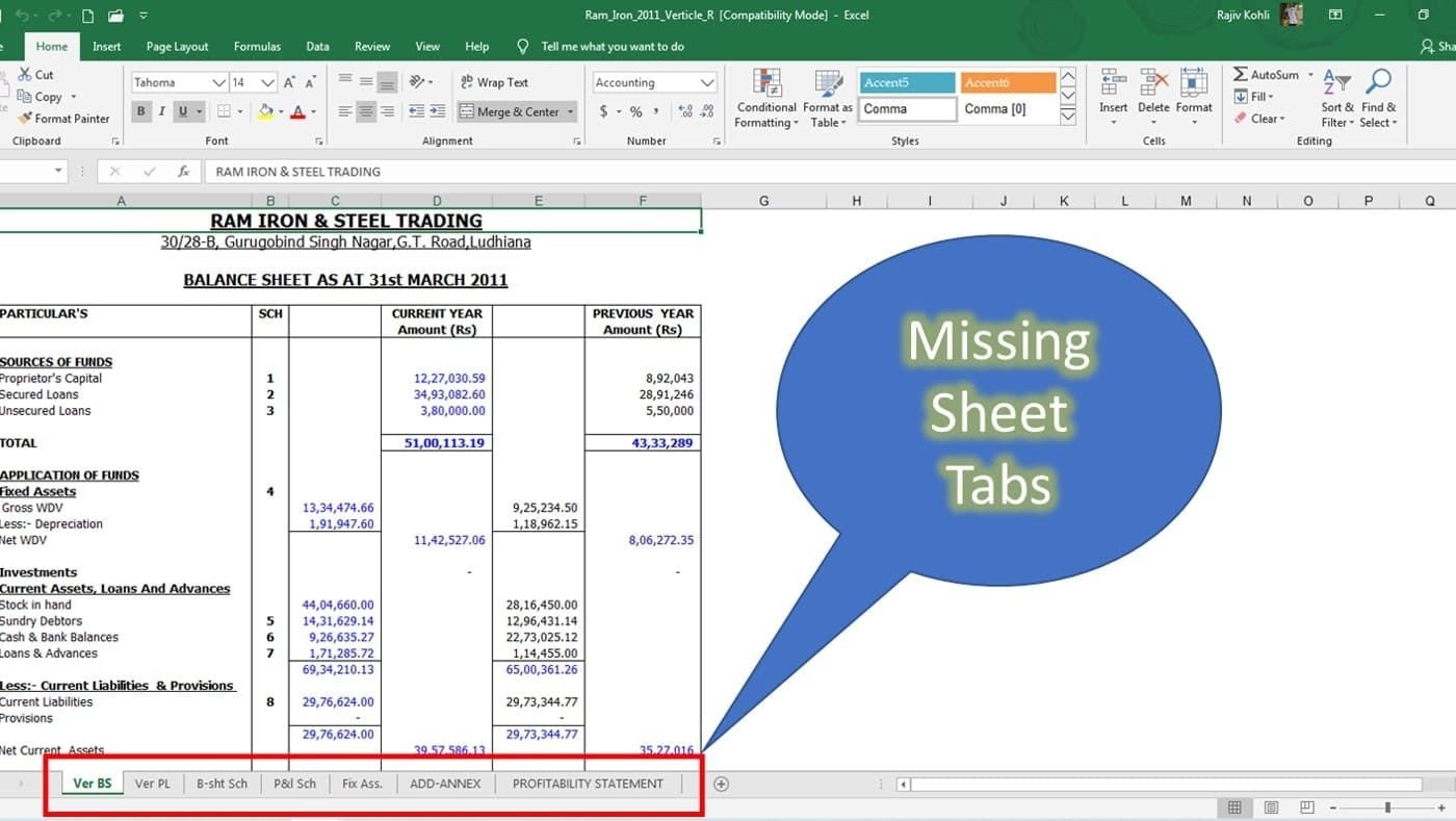 Missing Sheet Tabs in Excel 2016 / 2019
