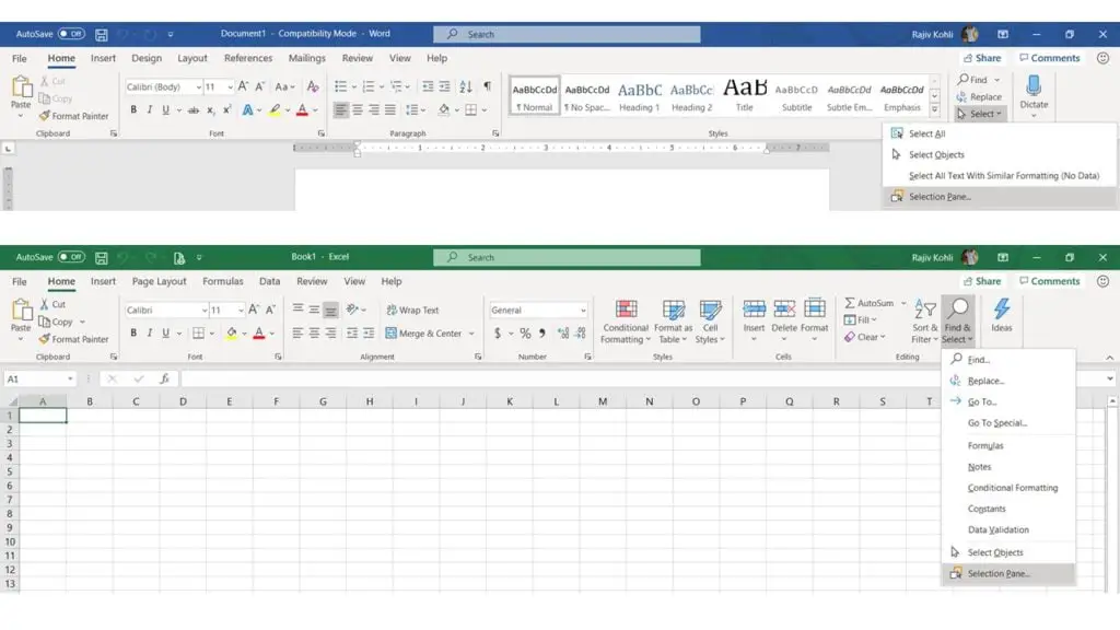 Selection Pane in Word and Excel