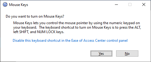 Mouse Keys dialog-box when Left Shift+Left ALT+Num Lock is pressed.