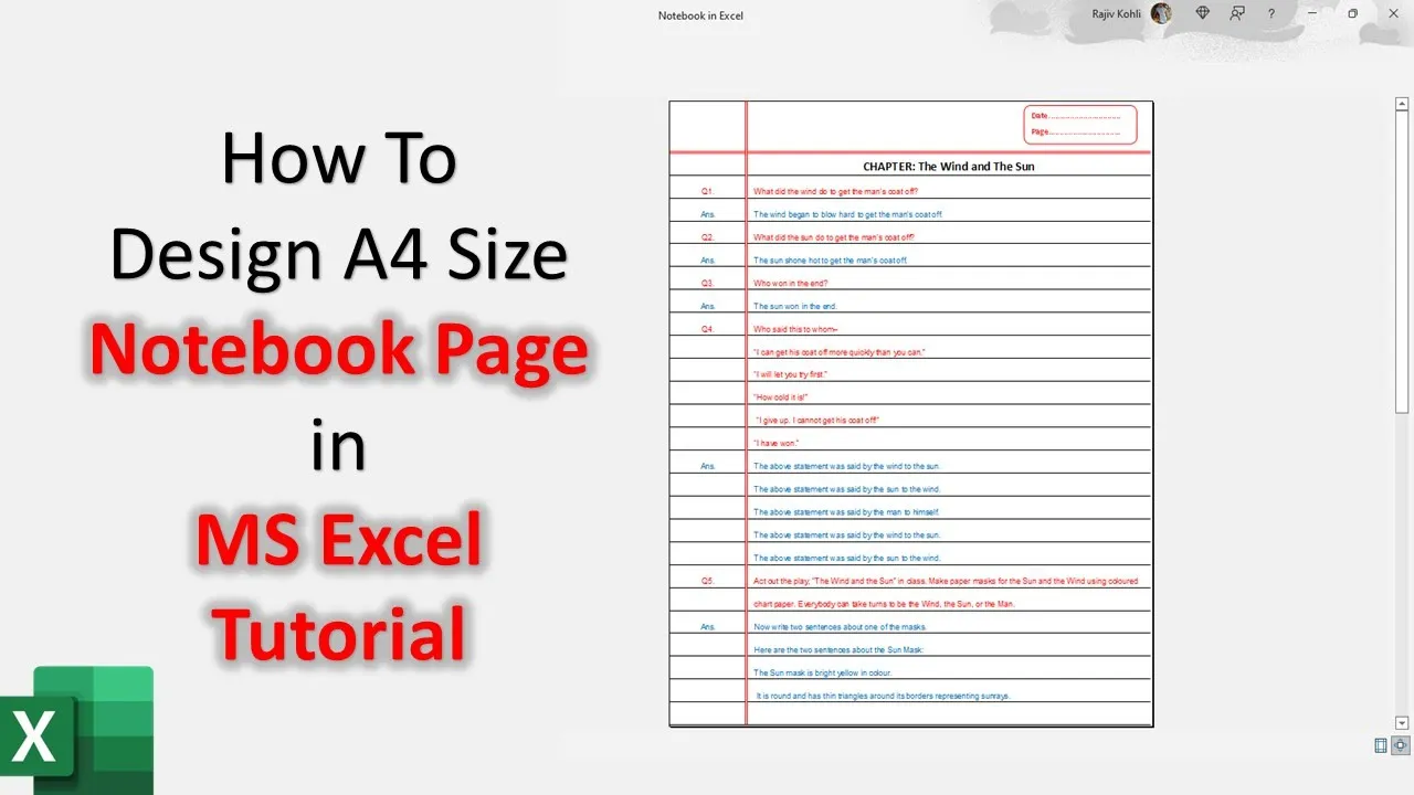 Single Line Notebook Design in Microsoft Excel